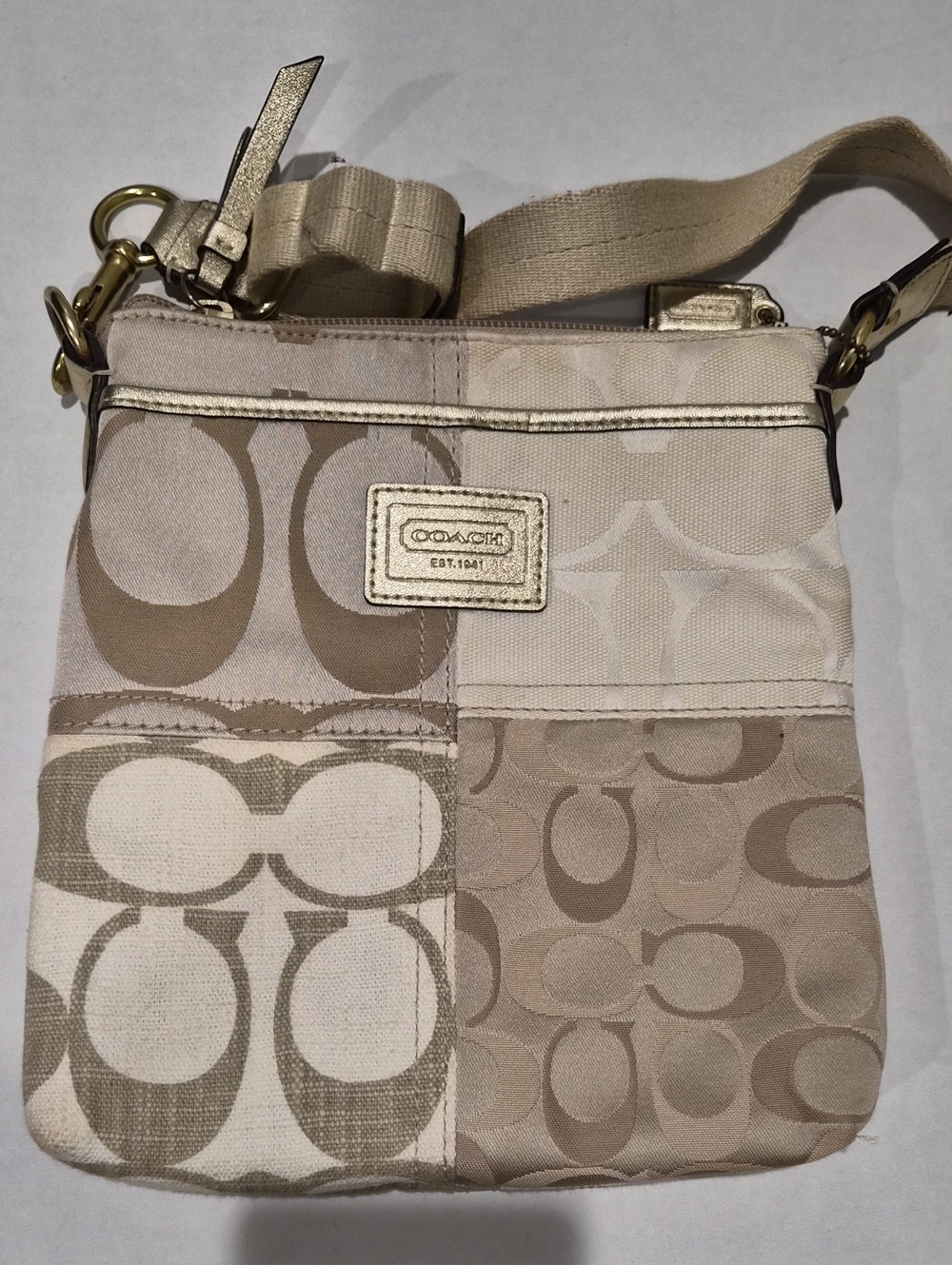 Coach Neutral Patchwork Crossbody Bag in Beige and Cream